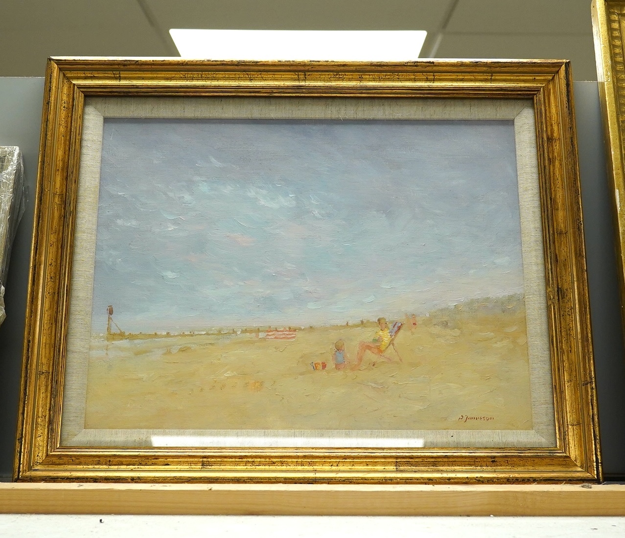 Peter Jamieson (b.1945), oil on canvas board, 'On the Beach', signed, 25 x 33cm, gilt framed. Condition - good